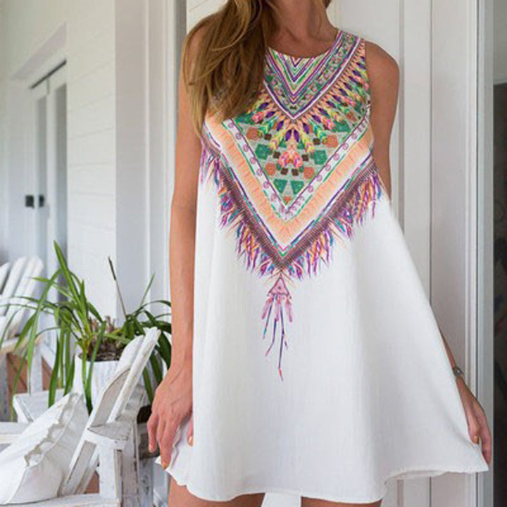 Damen Sommerkleid mit buntem geometrischem Rückendesign und lockerer Silhouette Drune