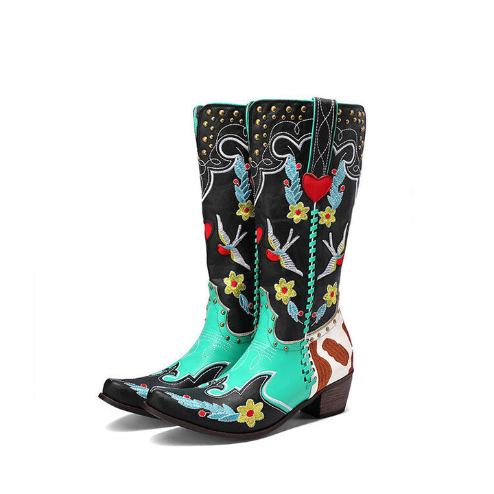 Drune | Denim Western Schuhe Damen Leder Stiefel Fantastische Stickerei