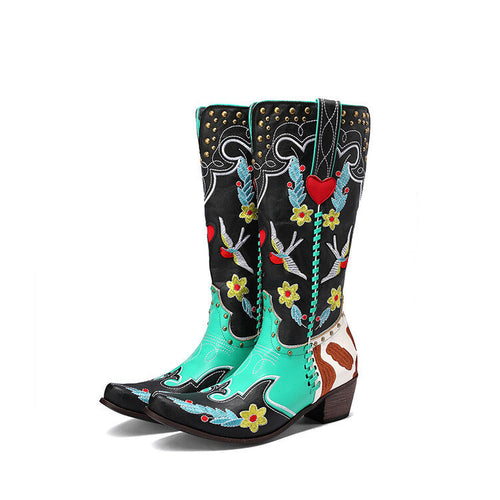Drune | Denim Western Schuhe Damen Leder Stiefel Fantastische Stickerei