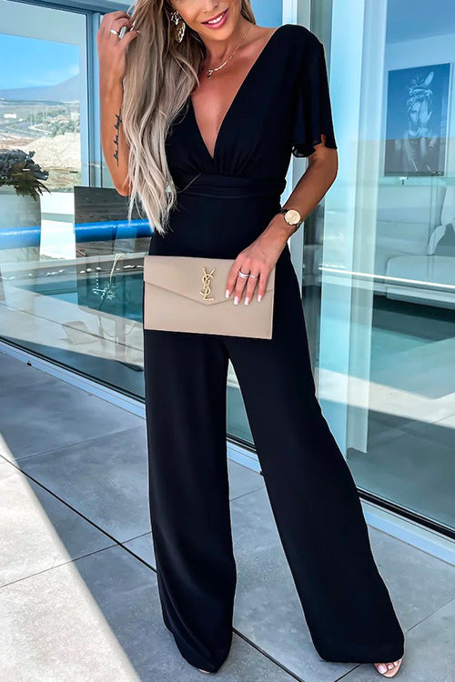Drune | Rosiedress Tiefer V-Ausschnitt Rüschensleeve Hoch Taille Weite Bein Jumpsuit