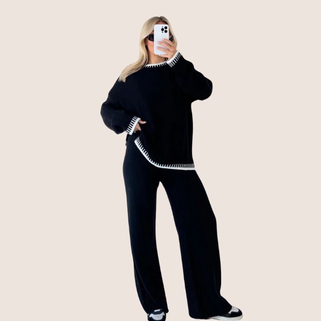 Drune | Schickes Strick-Loungewear-Set mit Kontrastbesatz