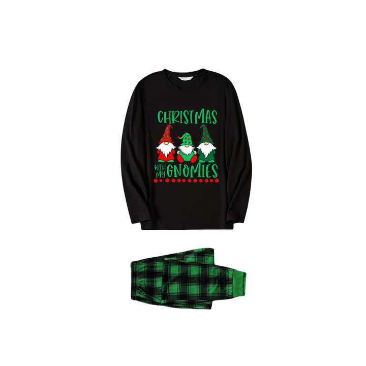 Drune | Schwarzes Top und grüne karierte Hose Weihnachts-Pyjama-Set mit "Weihnachten mit meinen Gnomies" Textdruck