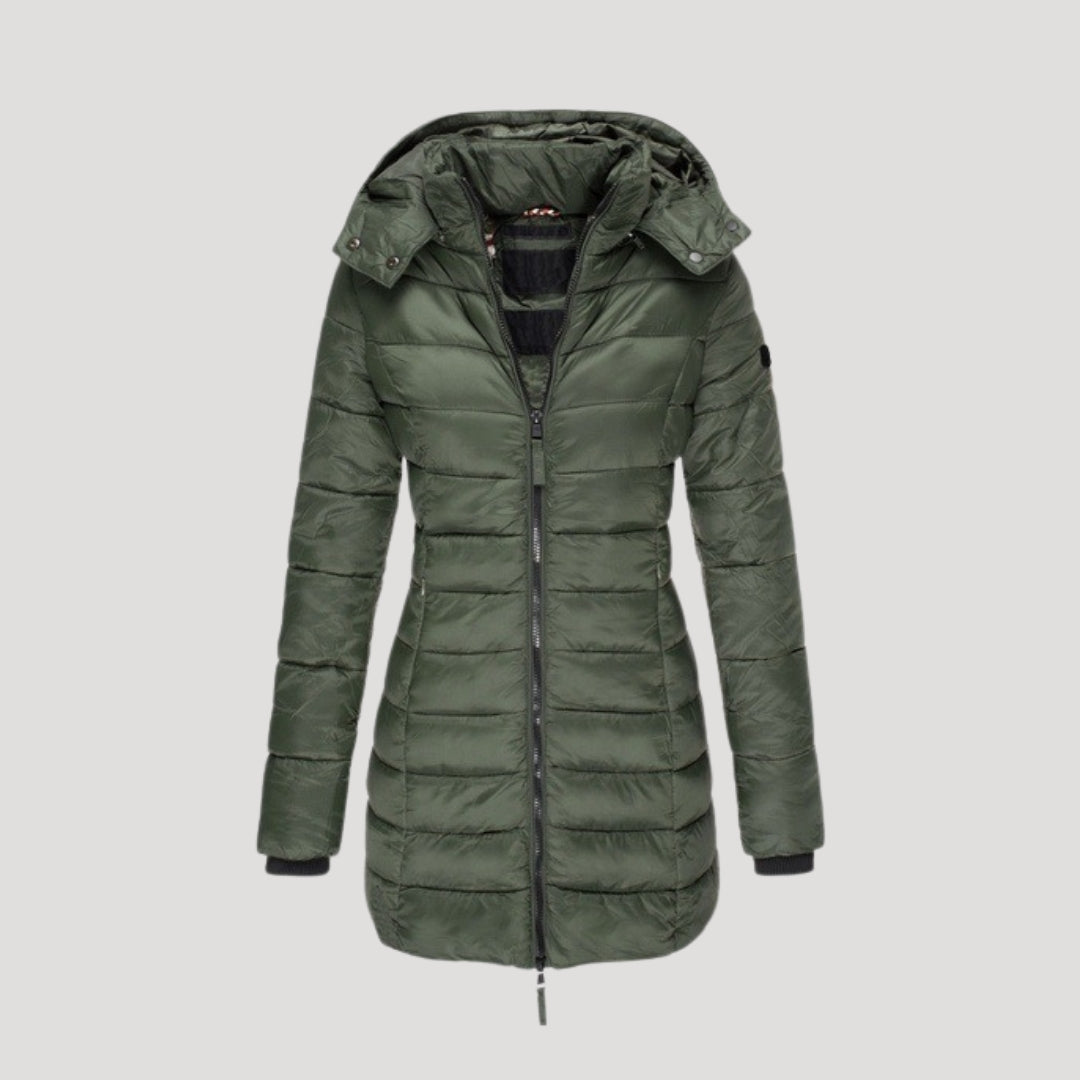 Drune | Damen langer gepolsterter Wintermantel mit Kapuze Pufferjacke