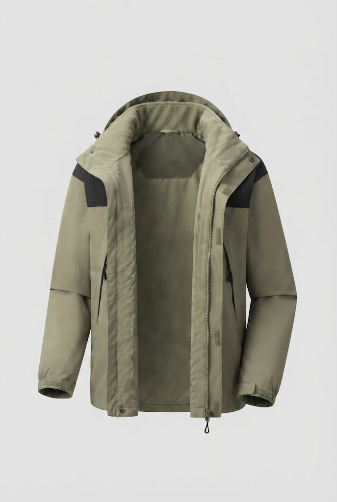 Herren Zwei-Lagen Softshell Outdoor-Jacke mit herausnehmbarer Fleece-Innenjacke und Kapuze Drune