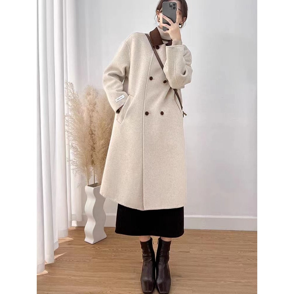 Drune | Wollmischung lange Jacke mit braunem Kragen für Damen - Ambra