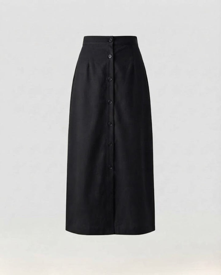 Damen Hochtaillierter gerader Midirock mit durchgehender Knopfleiste und Frontschlitz Drune