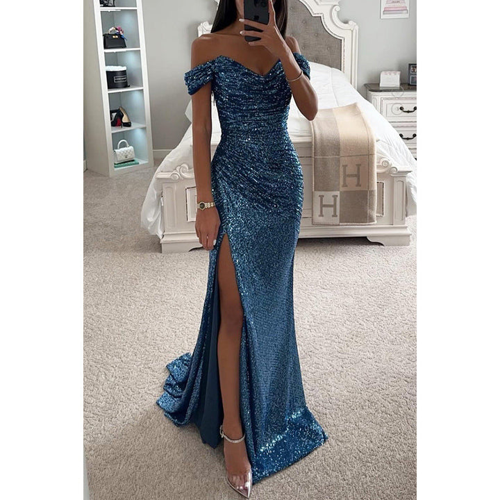 Glitzerndes Damen Abendkleid Schulterfreies Maxikleid mit Schlitz für Hochzeit & Fest | Drune