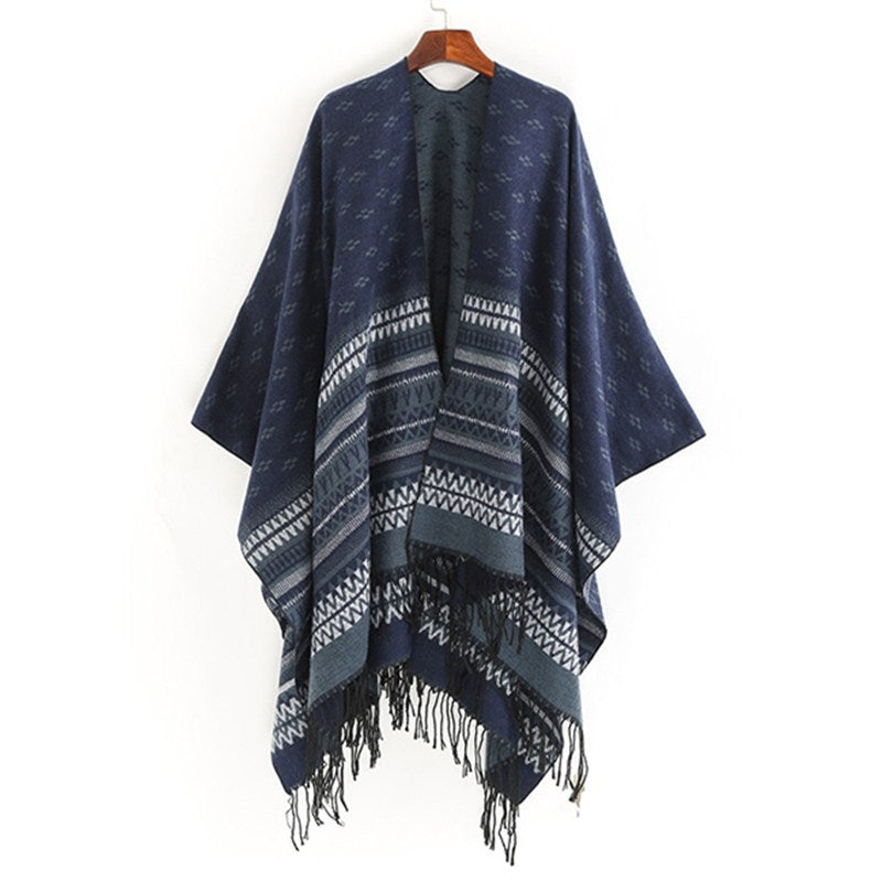 Damen Ruana-Poncho mit Jacquardmuster, Fransen und weichem Wollmix Drune