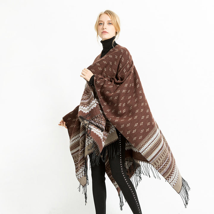 Damen Ruana-Poncho mit Jacquardmuster, Fransen und weichem Wollmix Drune