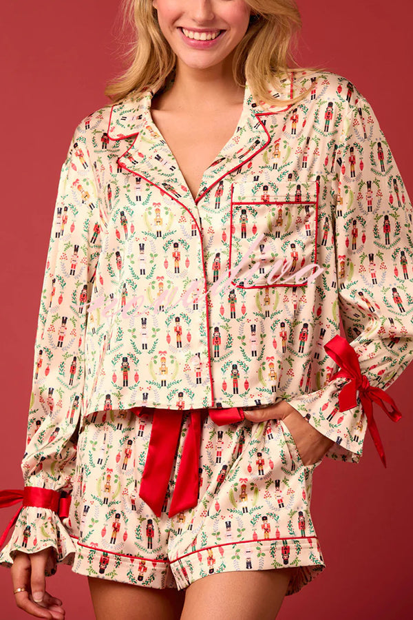 Drune | Weihnachtsdruck Schnürung Bündchen Oberteil und elastischer Taillenbund Taschen Freizeit Shorts Set