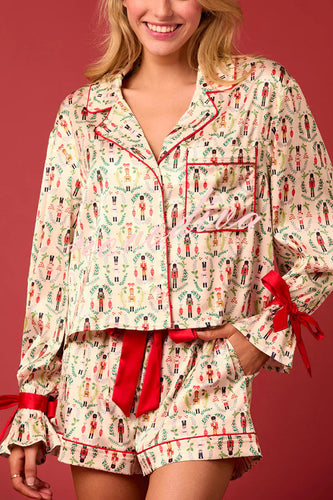 Drune | Weihnachtsdruck Schnürung Bündchen Oberteil und elastischer Taillenbund Taschen Freizeit Shorts Set