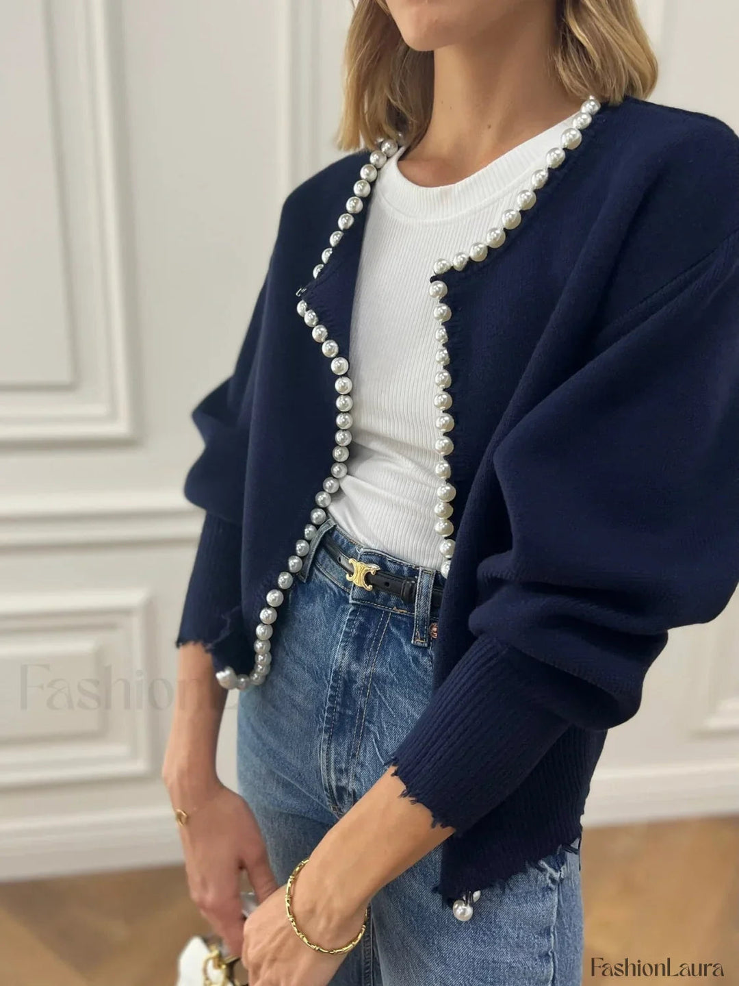 Drune | Knit cardigan with pearl embellishments and frayed hem