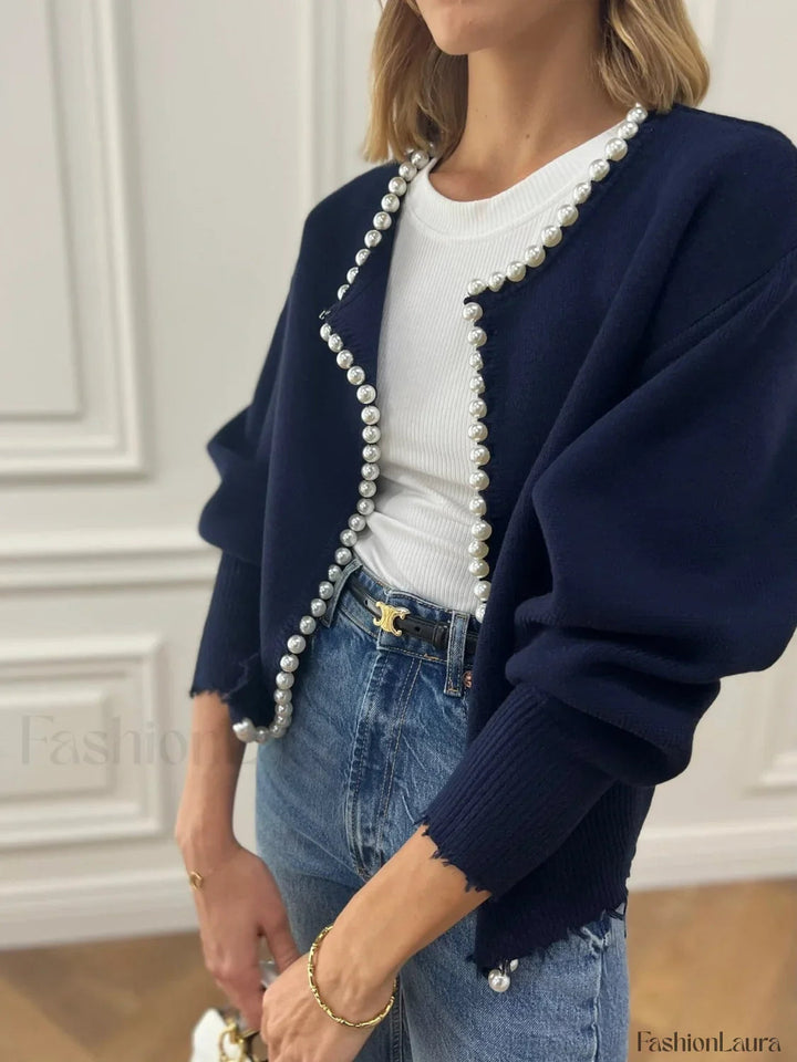 Drune | Knit cardigan with pearl embellishments and frayed hem