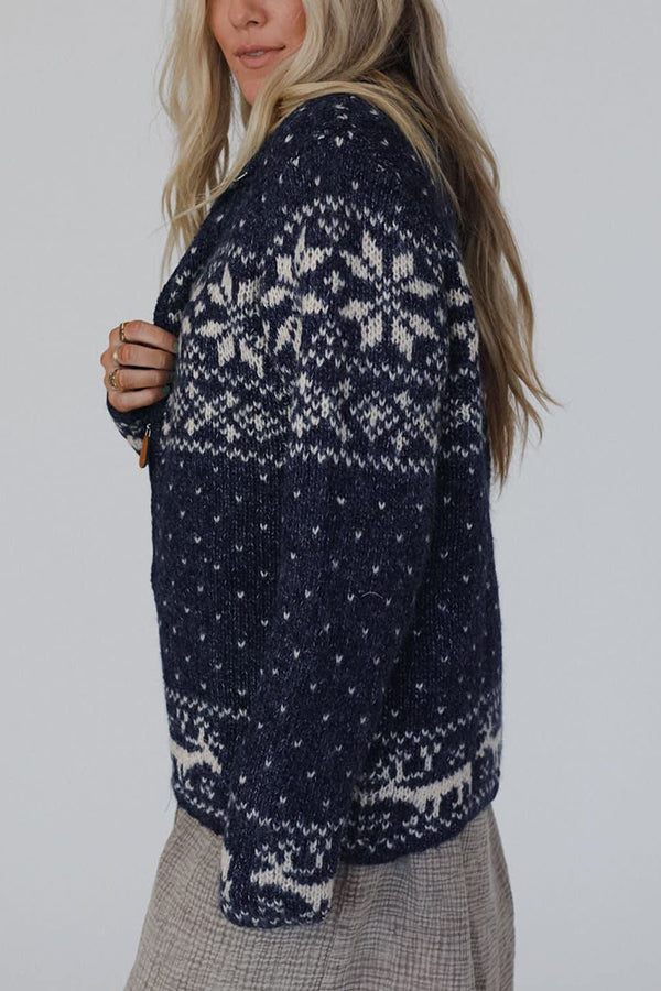 Drune | Weihnachts-Schneeflocken-Elch-Reißverschluss Langarmpullover