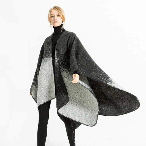 Damen Oversize-Ruana aus Wollmix mit Farbverlauf und Zierkettelnaht Drune