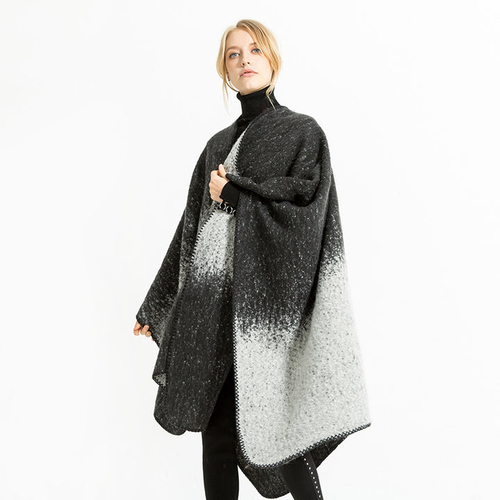 Damen Oversize-Ruana aus Wollmix mit Farbverlauf und Zierkettelnaht Drune
