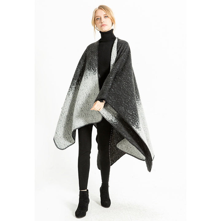 Damen Oversize-Ruana aus Wollmix mit Farbverlauf und Zierkettelnaht Drune