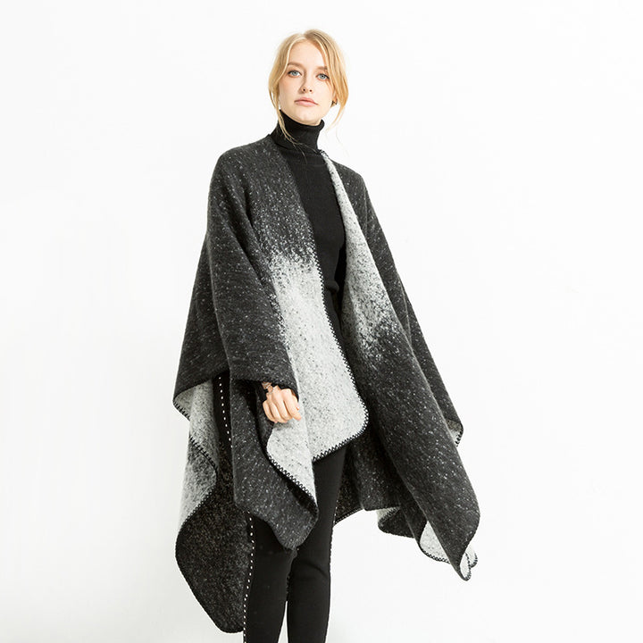 Damen Oversize-Ruana aus Wollmix mit Farbverlauf und Zierkettelnaht Drune