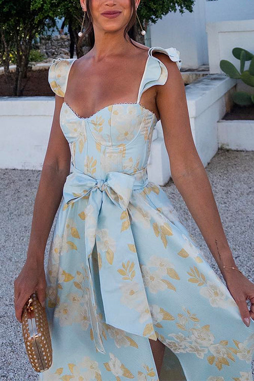 Drune | Rosiedress Rüschenschulter Schleife Knoten Taille Schlitz Bedrucktes Vintage Party Kleid