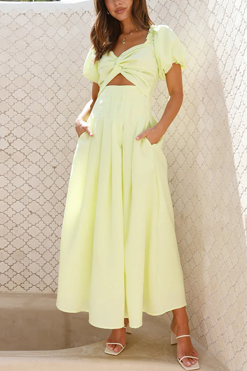 Drune | Rosiedress Puffärmel Twist-Front Cut-Out Schwung Maxi-Kleid