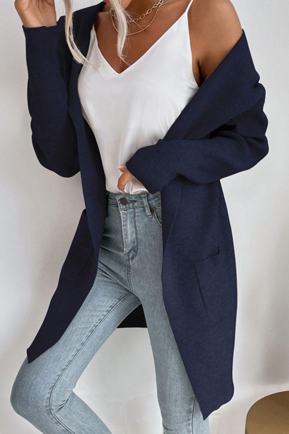 Drune | geripptes offen-front Cardigan mit Kapuze und Taschen