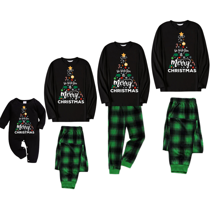 Drune | "Wir wünschen Ihnen ein frohes Weihnachtsfest" bedrucktes Muster schwarzes Langarmoberteil mit schwarzen und grünen karierten Hosen Familien passende Pyjamas
