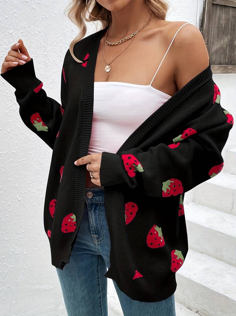 Cardigan mit langen Ärmeln und Erdbeer-Print für Herbst und Frühling