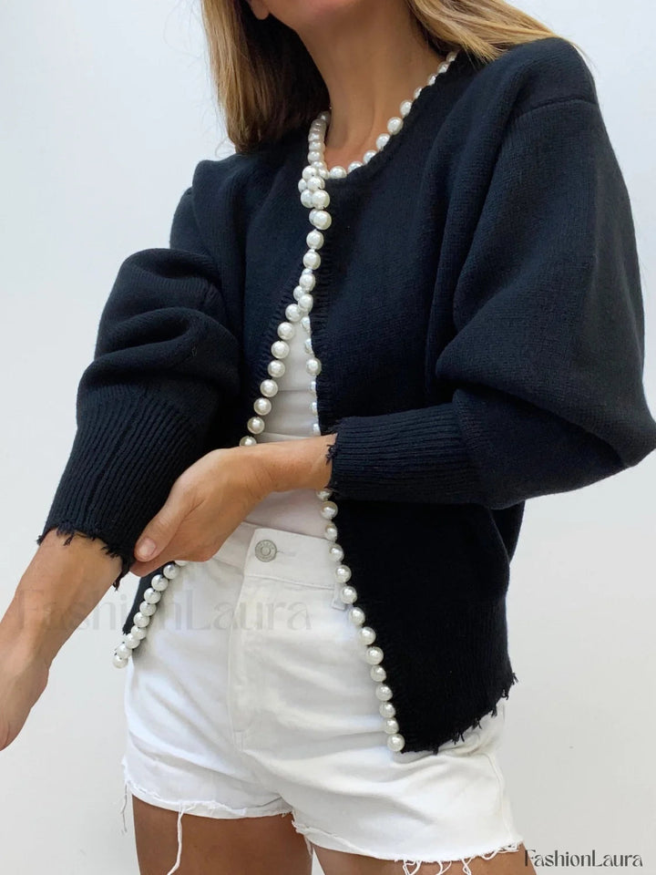 Drune | Knit cardigan with pearl embellishments and frayed hem