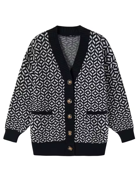 Drune | Cozy knitted cardigan with geometric pattern and button placket