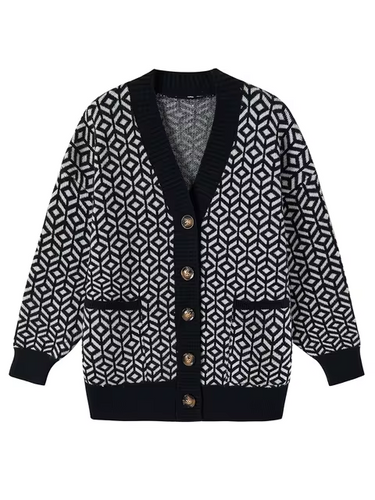 Drune | Cozy knitted cardigan with geometric pattern and button placket
