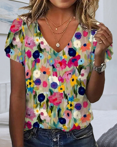 Drune | Kurzärmlige Farbenfrohe Blumenbluse mit V-Ausschnitt