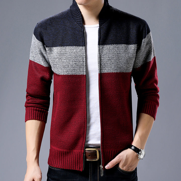 Herren Strick-Zipjacke mit Blockstreifen, Stehkragen und Rippbündchen Drune