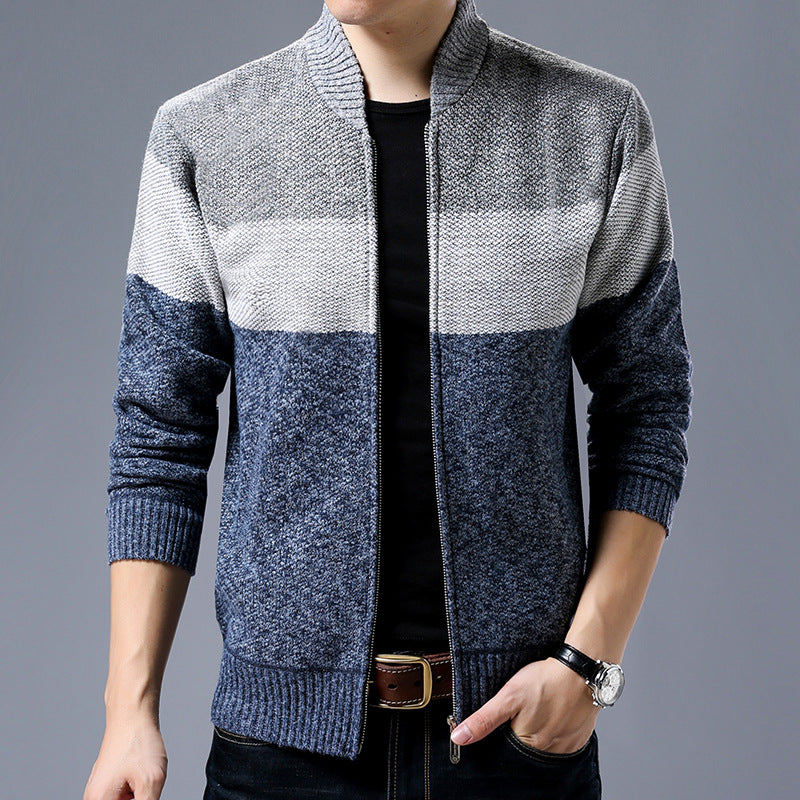 Herren Strick-Zipjacke mit Blockstreifen, Stehkragen und Rippbündchen Drune