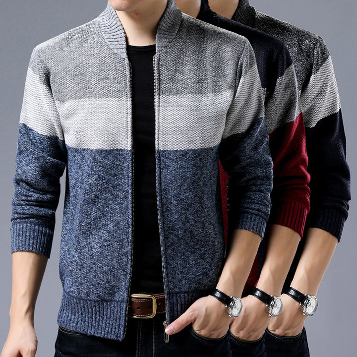 Herren Strick-Zipjacke mit Blockstreifen, Stehkragen und Rippbündchen Drune