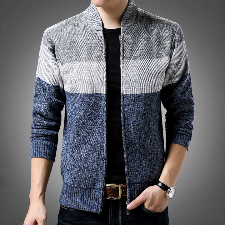Herren Strick-Zipjacke mit Blockstreifen, Stehkragen und Rippbündchen Drune
