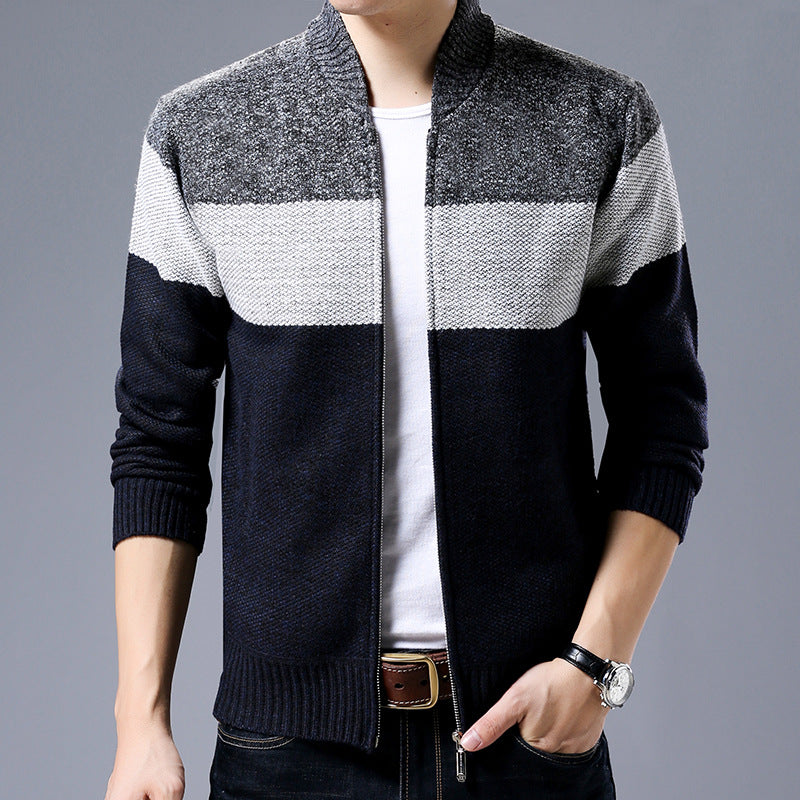 Herren Strick-Zipjacke mit Blockstreifen, Stehkragen und Rippbündchen Drune