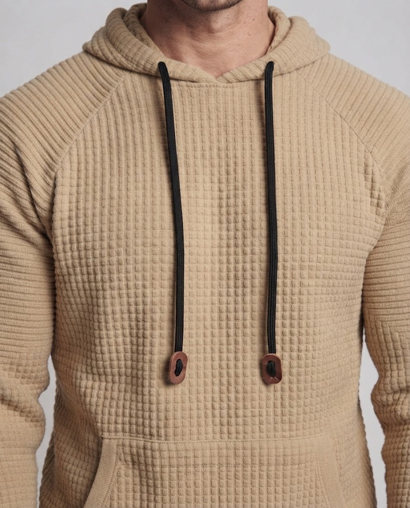 Herren Waffelstrick-Kapuzenpullover mit Kängurutasche und Kontrastkordeln Drune