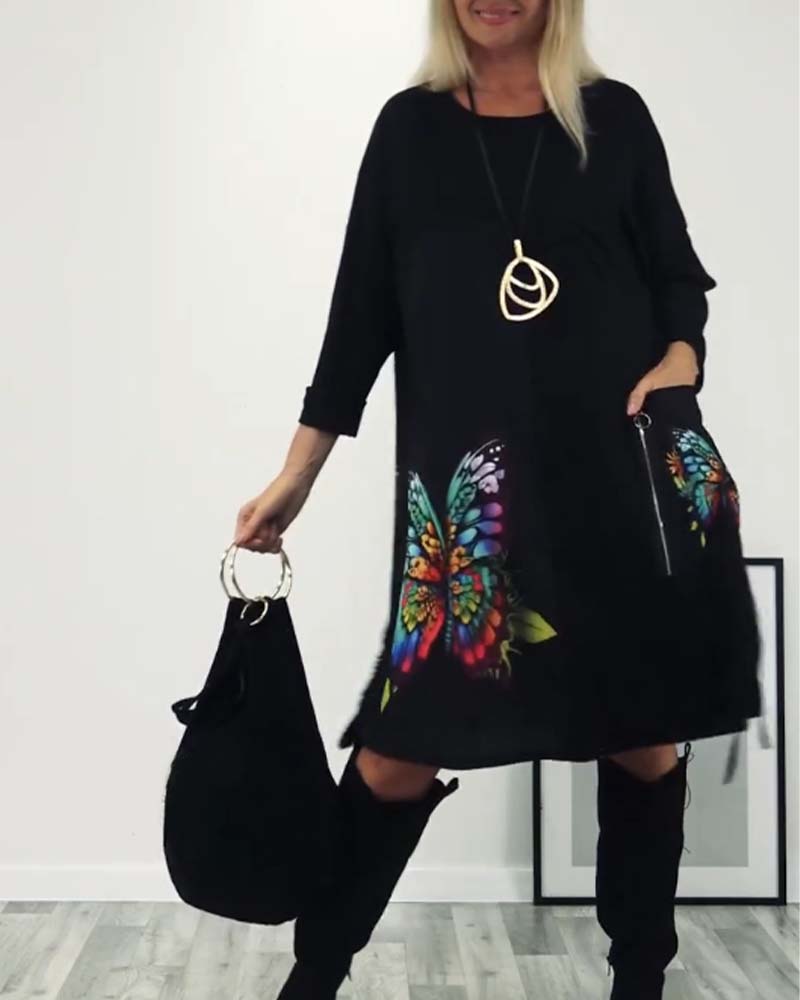 Drune | Kleid mit Schmetterlings Print und Tasche