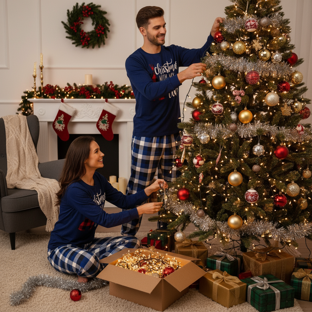 Drune | "Weihnachten Mit Meinem Stamm" Muster Blau Lange Ärmel mit Blau-Weißen-Schwarzen Karo-Hosen Paar Passende Schlafanzüge