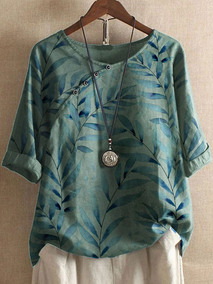 Drune | Freizeit-T-Shirts aus Baumwolle und Leinen, mit Sommerblumenmotiven und Knöpfen