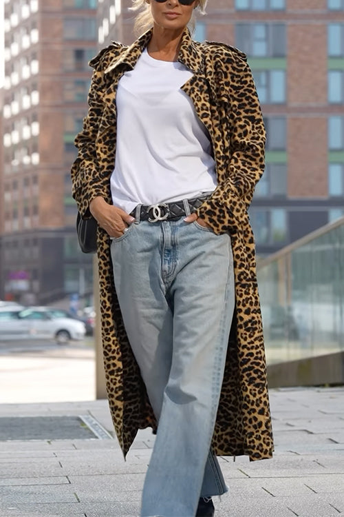 Drune | Rosiedress Revers Offene Vorderseite Leopard Midi Trendy Mantel