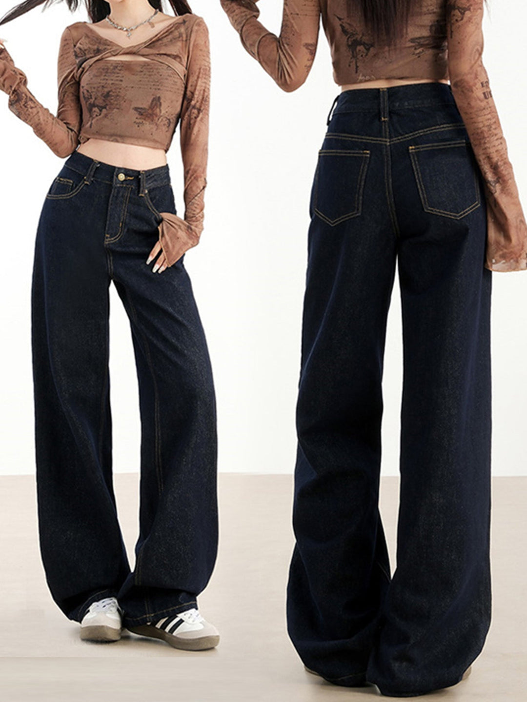 Drune | Lockere Dunkle Hohe Taillen Bodenlange Denim Hose