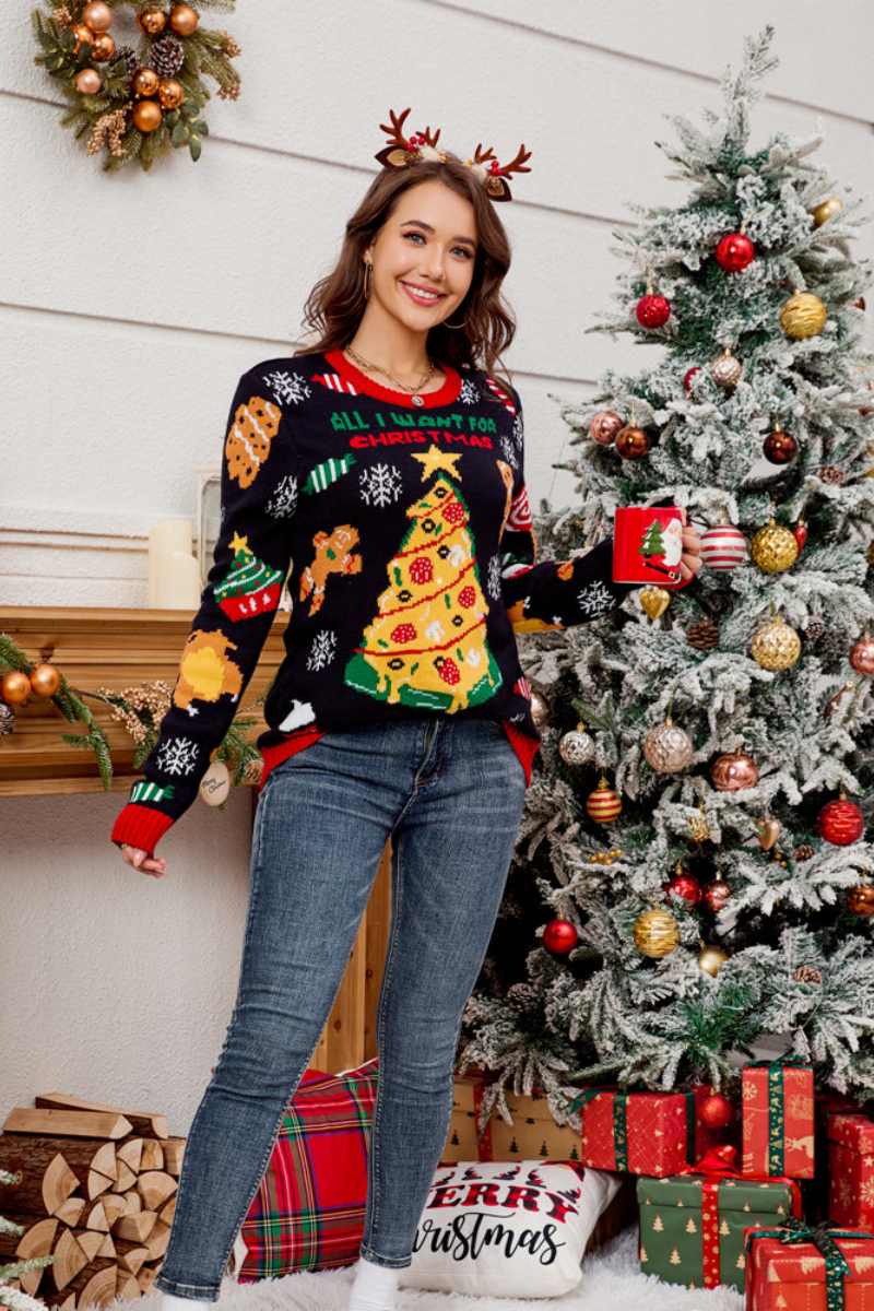 Drune | Lässiger Rundhals Pullover mit besticktem Weihnachtsbaum