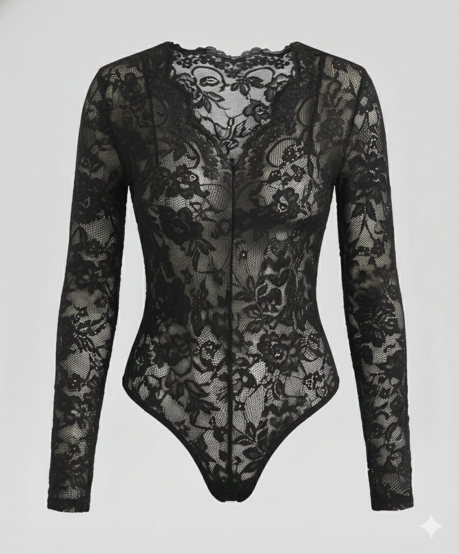 Damen Spitzenbody Langarm V-Ausschnitt | Drune