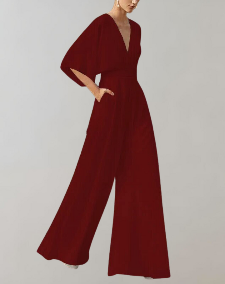 Drune Damen Jumpsuit mit V-Ausschnitt und weitem Bein