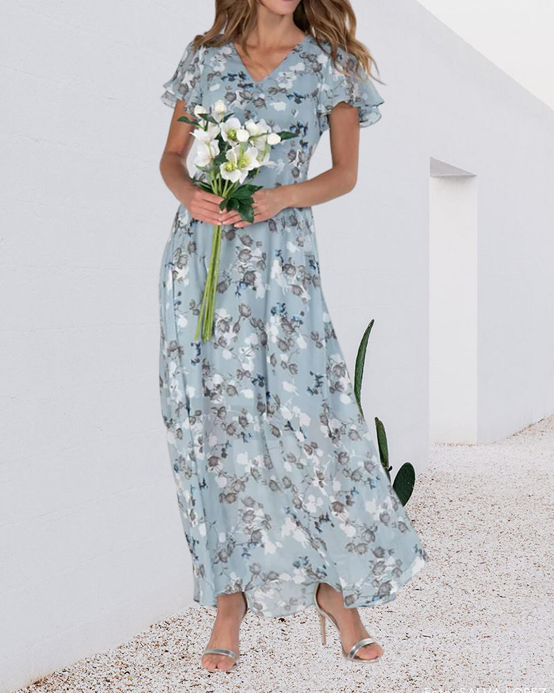 Drune - Florales Maxikleid Damen | Chiffonstoff luftiges Sommerkleid | Maxikleid mit fließendem Rock