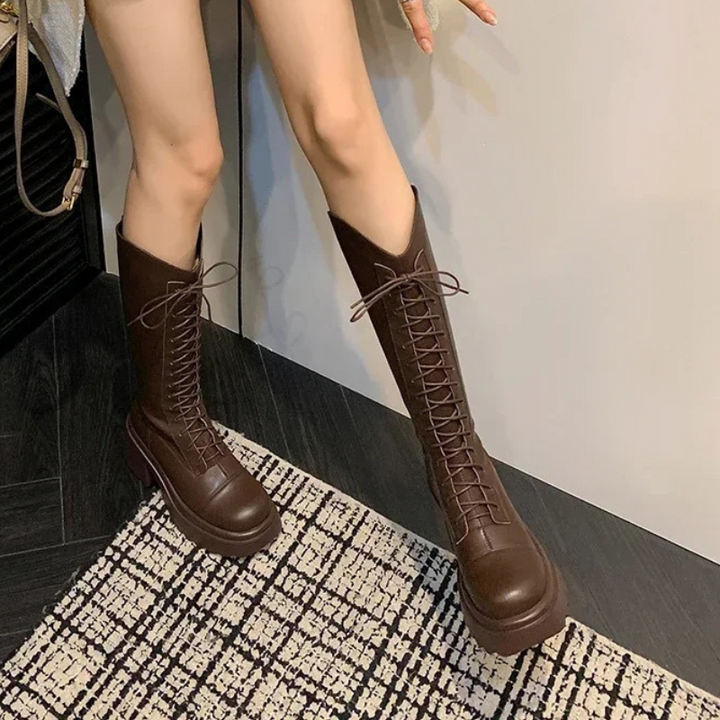 Drune | Hohe Stiefel Damenstiefel mit Schnürung und Robuster Ferse
