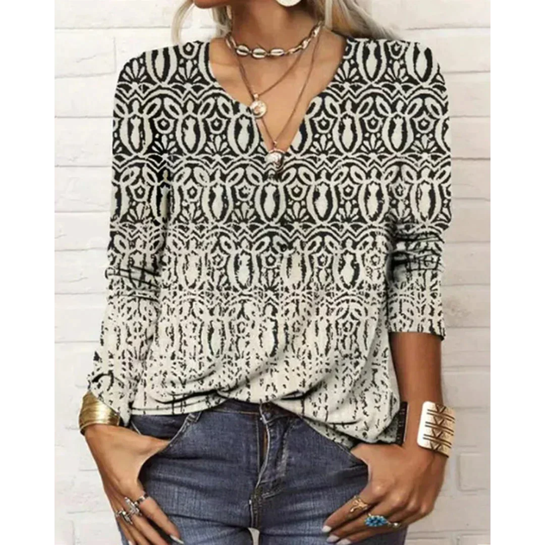 Drune | Stil V-Hals-Bluse mit langen Ärmeln - Buntes Blumenmuster-Design für Damen