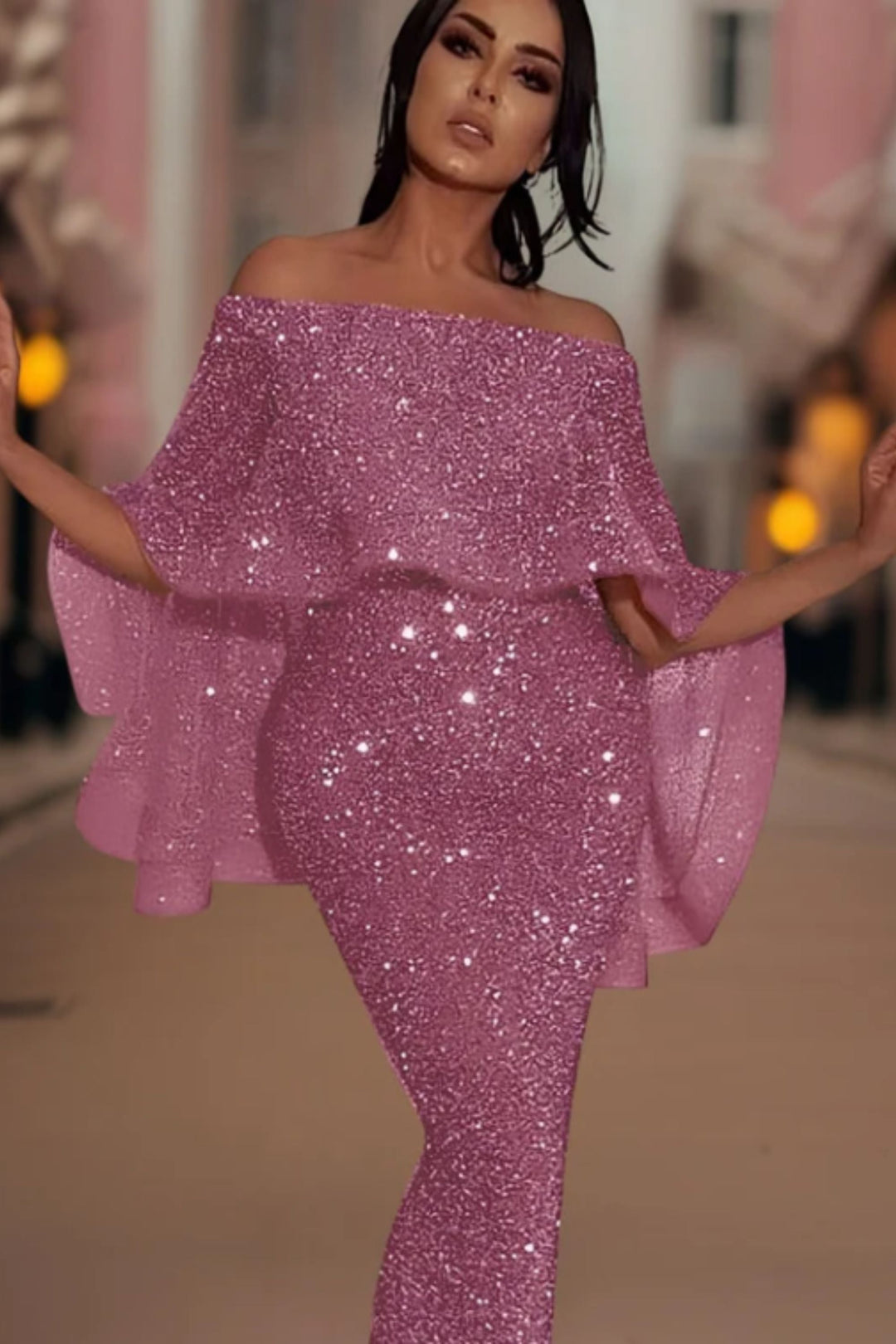 Drune | Off-Shoulder Glitzer Maxi Kleid