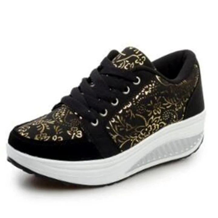 Drune | Schwarze Leder Orthopädische Damen Sneakers Mit Blumenmuster